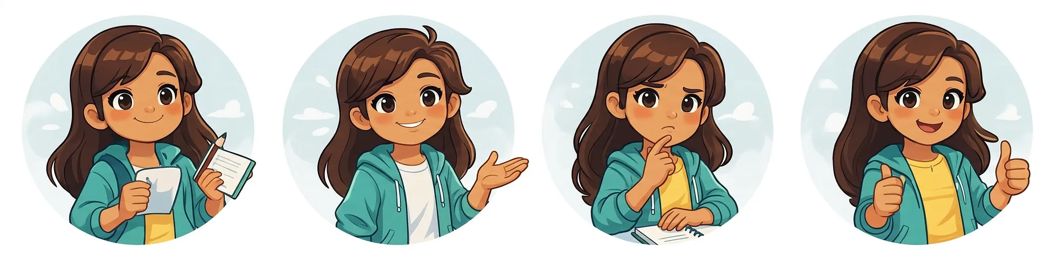 Lina expressions: confident, helpful, thoughtful, explaining