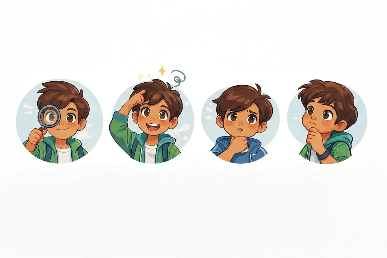Milo expressions: curious, excited, confused, thinking